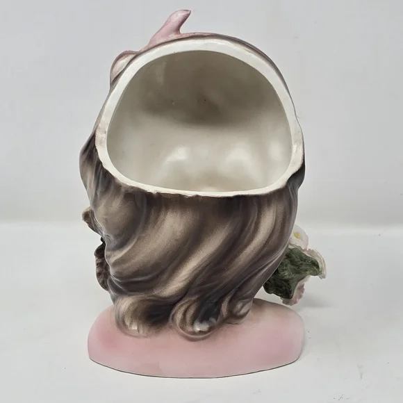 Vtg Enesco delsey girl head vase brown hair flowers 1960s ceramic - Picture 5 of 8